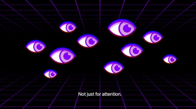 A retro-style graphic featuring multiple purple and pink eyes scattered across a black grid background with the caption 'Not just for attention.'