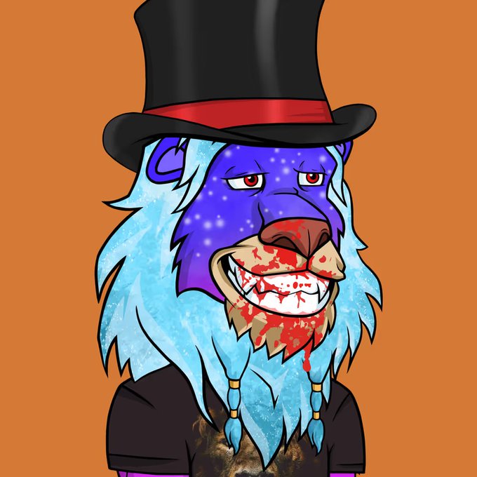 A blue and purple lion character with a starry face and a bloody grin wears a black top hat, representing a "Lazy Lion" NFT avatar.