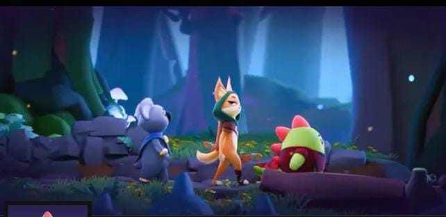 An animated scene shows a bear, a fox-like character, and a green creature in a misty forest setting.