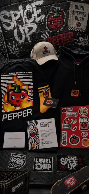 The image shows a collection of merchandise, including clothing items such as t-shirts and sweatshirts that feature cartoon characters like Pepper and Spice Up. There are also other accessories like skateboards. The post emphasizes the value of the items and encourages users to "reward their passion" by purchasing and sharing these products with friends.