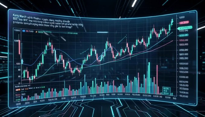 Futuristic curved digital display showing a cryptocurrency or stock candlestick chart with green and red bars, volume indicators, and various price levels.