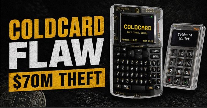 A thumbnail for a video titled 'COLDCARD FLAW $70M THEFT' featuring images of a COLDCARD hardware wallet and a Coldcard Q device.