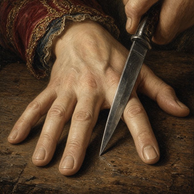 A detailed painting depicting a hand with a dagger poised between the fingers, resting on a wooden surface, with a red and blue embroidered sleeve visible at the wrist.