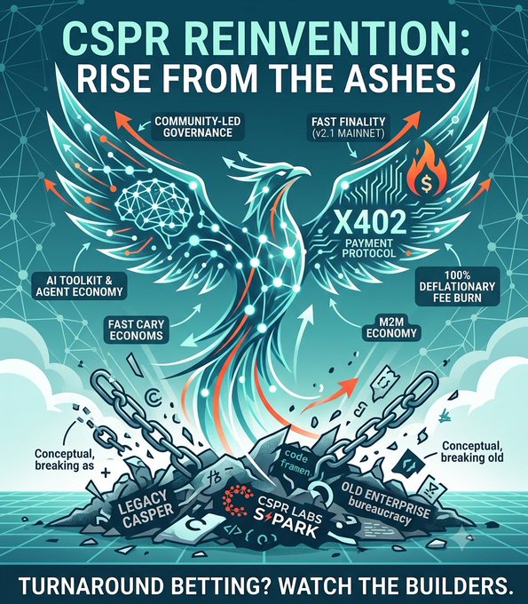 A promotional graphic titled 'CSPR REINVENTION: RISE FROM THE ASHES' featuring a digital phoenix and listing features like Community-Led Governance, Fast Finality, X402 Payment Protocol, AI Toolkit, and 100% deflationary fee burn, with a tagline 'TURNAROUND BETTING? WATCH THE BUILDERS.'