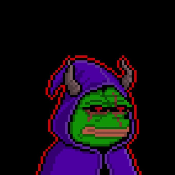 A pixel art character features a green, somewhat grimacing face framed by a purple hood with horns, set against a solid black background.