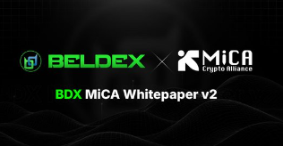 Beldex x MiCA Crypto Alliance promotional graphic announcing 'BDX MiCA Whitepaper v2' in green text on dark background.