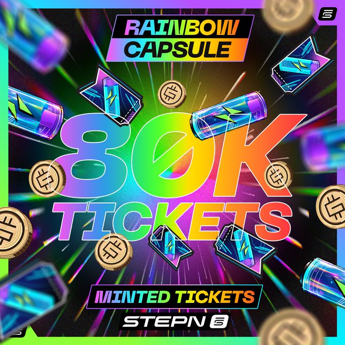 A colorful digital promotional graphic advertising '80K TICKETS' from a 'RAINBOW CAPSULE MINTED TICKETS' event by STEPN, featuring floating coins and 3D tickets on a vibrant background.