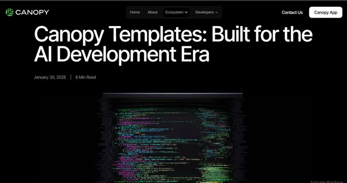 A webpage header reading 'Canopy Templates: Built for the AI Development Era' dated January 30, 2026, with a Canopy logo and navigation menu.