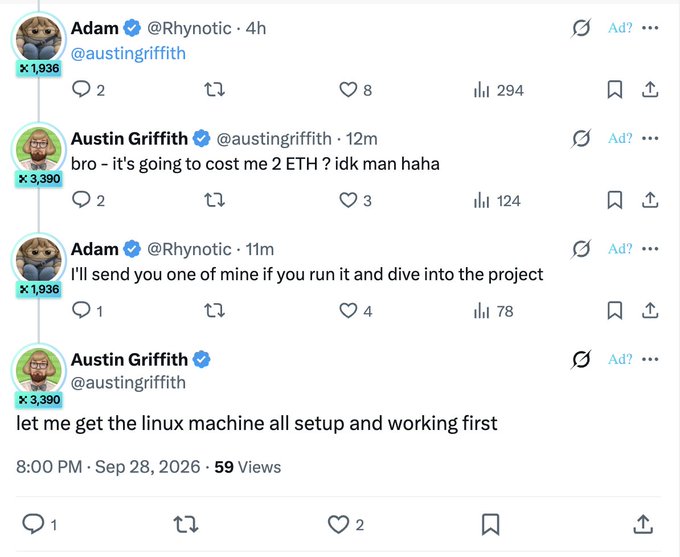 A screenshot of an X conversation between users 'Adam' (@Rhynotic) and 'Austin Griffith' (@austingriffith) discussing the cost of an ETH-based project on Sep 28, 2026.