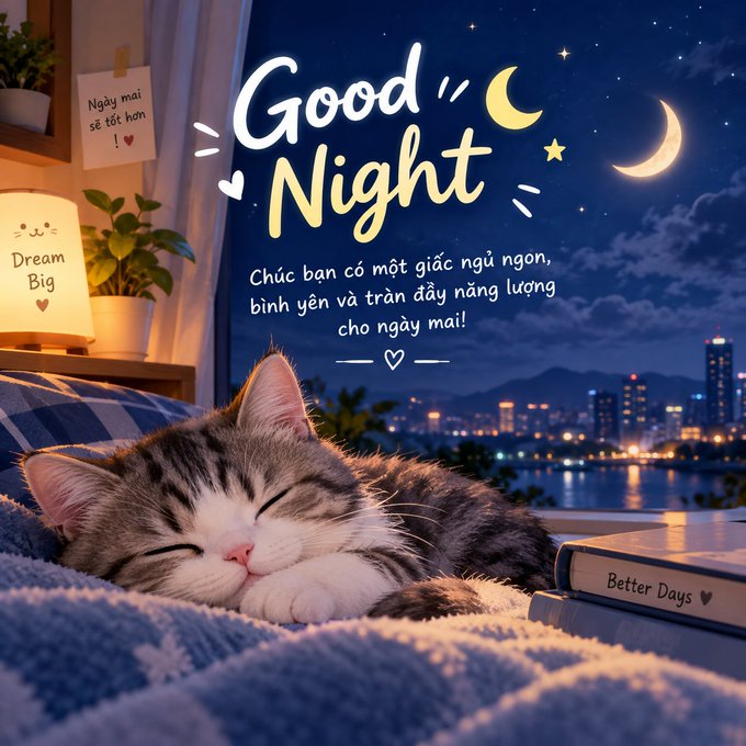 A cozy 'Good Night' themed illustration featuring a sleeping tabby kitten on a blue blanket with a book titled 'Better Days,' set against a night cityscape with moons, stars, and a Vietnamese good night message.