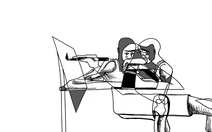 A black and white sketch showing two figures painting on a canvas, with geometric lines and shapes intersecting throughout the composition.
