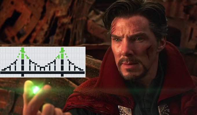 Doctor Strange (Benedict Cumberbatch) in his red cloak holding the glowing green Time Stone, with an inset image showing a pixelated pattern resembling mountain peaks.