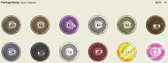 A collection interface for 'The Fugs Family: Type Collector' shows 12/12 small cartoon characters in various colored hats and outfits arranged in a grid, with the final character on the bottom right glowing in pink.