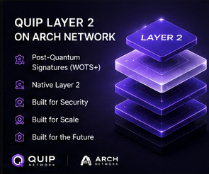 The image features a purple square with a white border that says "Quiip Layer 2 on Arch Network" at the top, followed by four bullet points explaining the different layers of the architecture. The first layer has a purple square, the second layer is made up of three purple squares stacked one on top of the other, and the third layer consists of two purple squares stacked vertically. The fourth layer also contains two purple squares stacked vertically.