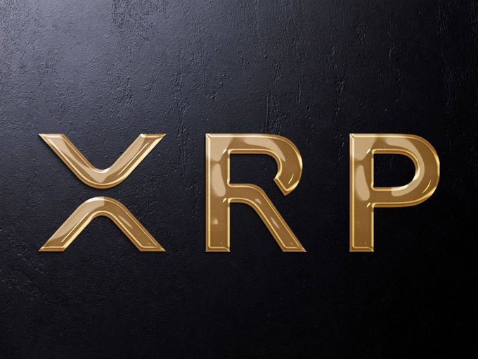 The image displays the letters "XRP" in sleek, 3D gold lettering against a dark textured background, representing the cryptocurrency token that the post is asking about regarding its future outlook.