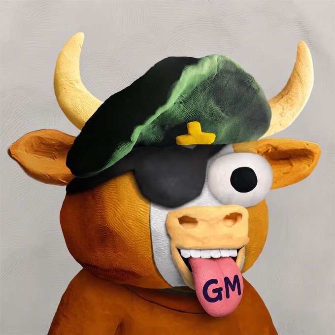 A 3D rendering of a cartoonish cow character wearing a black and green pirate hat, featuring an eye patch, prominent teeth, and a pink tongue with 'GM' written on it.