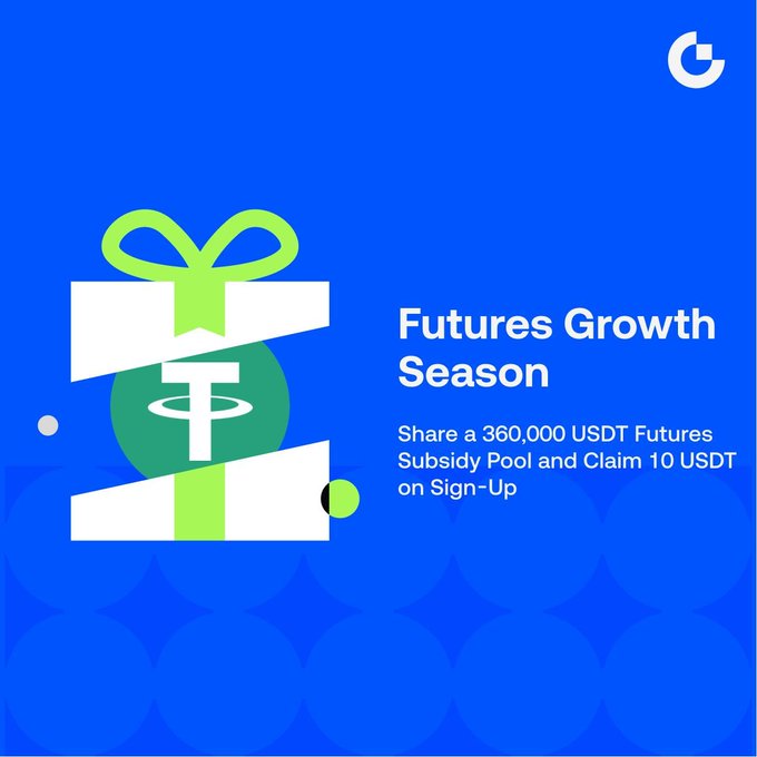 A promotional graphic for a "Futures Growth Season" campaign featuring a gift box with a Tether (USDT) logo on a blue background, advertising a 360,000 USDT Futures Subsidy Pool and a 10 USDT sign-up bonus voucher.