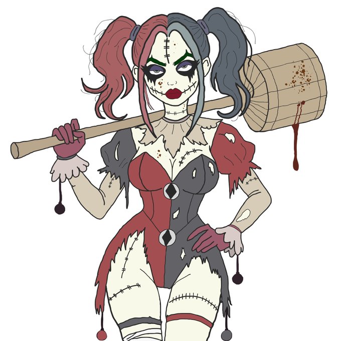 An illustrated character resembling a stitched-together jester version of Harley Quinn with red and blue pigtails, wearing a torn red and grey outfit and holding a large, blood-stained wooden mallet.