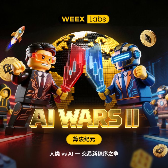 A promotional banner for WEEX Labs' "AI Wars II: 算法纪元" (Algorithm Era) trading competition, featuring Lego-style figures—a human trader with orange glasses wielding a red chart sword against an AI robot with a blue chart sword—facing off over a golden pixelated Bitcoin globe, with the tagline "人类 vs AI — 交易新秩序之争" (Humans vs. AI — The Battle for a New Trading Order) highlighting the showdown between AI and human trading teams.