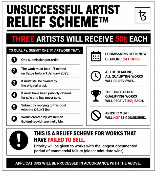 A satirical flyer titled 'UNSUCCESSFUL ARTIST RELIEF SCHEME™' offering 50¢ to three artists who submit unsold 1/1 artworks minted on Tezos before January 2025.
