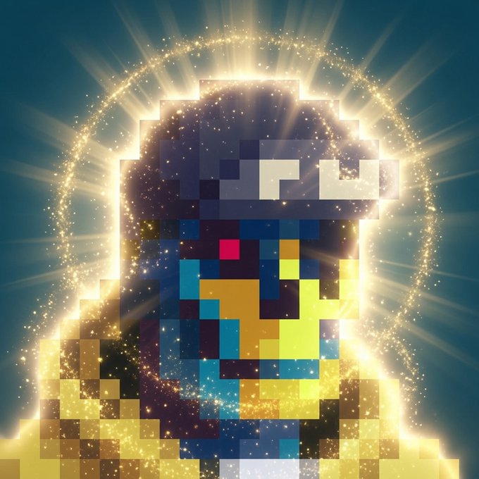 A pixelated digital artwork of a character wearing a cap, surrounded by a radiant golden halo of sparkling light against a blue background.