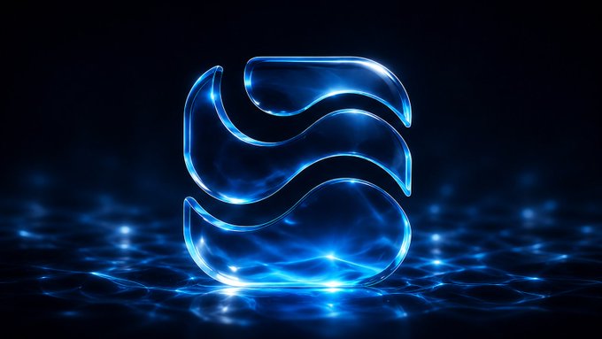 A stylized blue glowing 3D logo resembling wavy curves or a stylized letter against a dark background with light reflections.