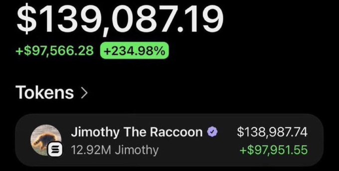 A crypto portfolio screen displays $139,087.19 total value (+$97,566.28, +234.98%), highlighting "Jimothy The Raccoon" token with 12.92M holdings valued at $138,987.74, which aligns with the post's mention of $timothy (Jimothy) as a featured 100x play alongside other tokens.