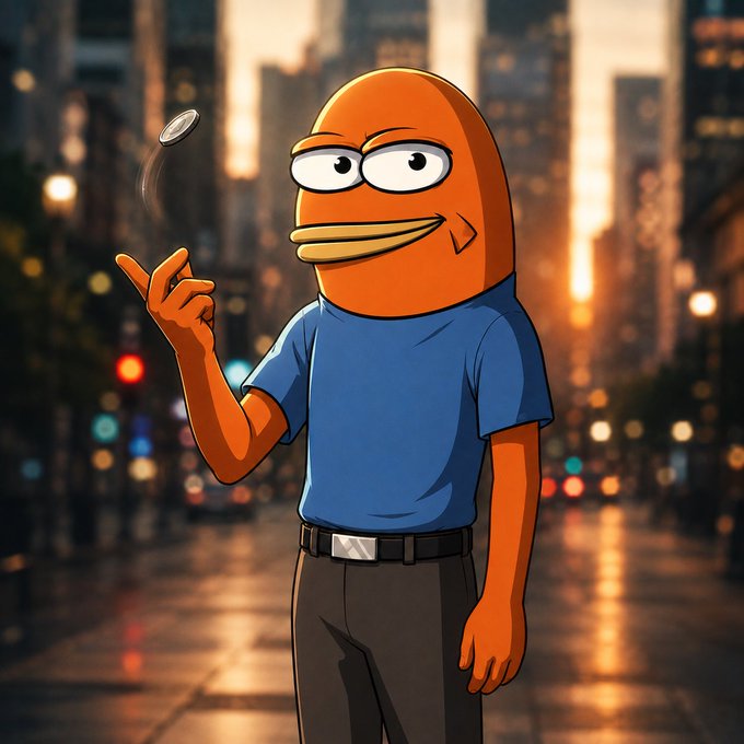 A cartoon-style illustration of an orange, pill-shaped character wearing a blue t-shirt and brown pants, spinning a coin on his finger against a blurred city street background at sunset.