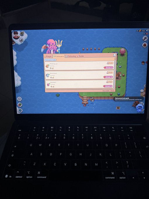 A laptop screen displays the game 'PlayTogether' showing a 'Followers' guide menu with character levels and item rewards, with the laptop keyboard visible below.