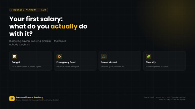 A Binance Academy educational page titled 'Your first salary: what do you actually do with it?', covering topics like Budget, Emergency Fund, Save vs Invest, and Diversify.