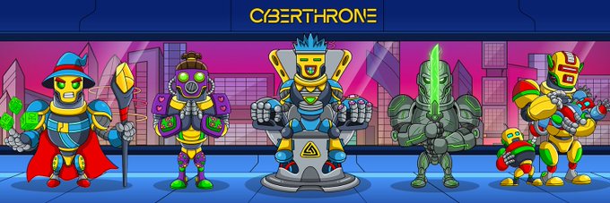 A 'CYBERTHRONE' themed banner featuring five colorful robotic/superhero characters including a mage with a staff, a purple robot, a blue king on a throne, a knight with a green energy sword, and a gold/red warrior holding a small green character.