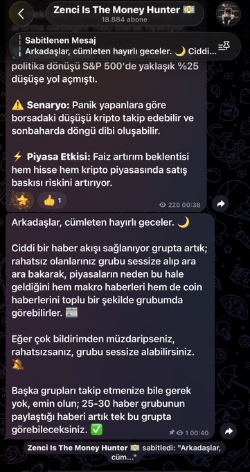 A Turkish Telegram post by "Zenci Is The Money Hunter" discussing a potential S&P 500 drop of nearly 25% following a serious political shift, warning that panic-selling could trigger a crypto market crash similar to past dips, while addressing subscribers about muting the active group due to frequent news updates.