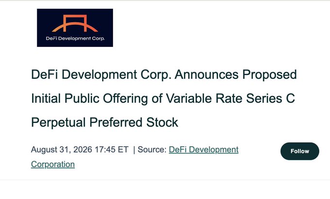A press release headline from DeFi Development Corp. announcing a proposed IPO of Variable Rate Series C Perpetual Preferred Stock, dated August 31, 2026.
