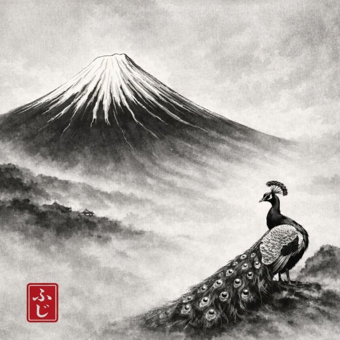 A black and white ink wash painting in traditional Japanese style featuring Mount Fuji in the background and a detailed peacock perched on a rocky outcrop in the foreground, with a red Japanese seal stamp in the lower left corner.