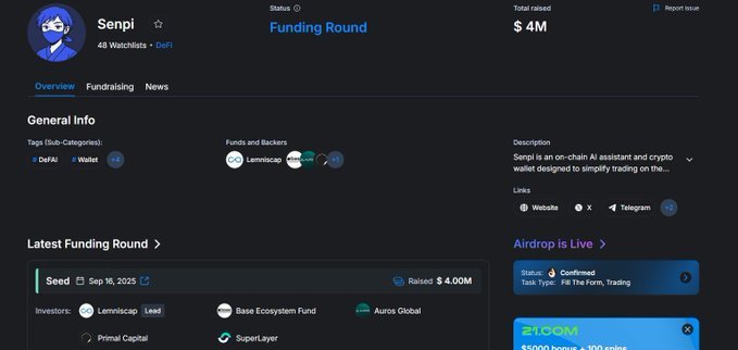 A crowdfunding page for Senpi, an on-chain AI assistant and crypto wallet on DeFi, showing $4M total raised in a Seed funding round on Sep 16, 2025, led by Lemniscap with investors including Base Ecosystem Fund, Auros Global, Primal Capital, and SuperLayer.