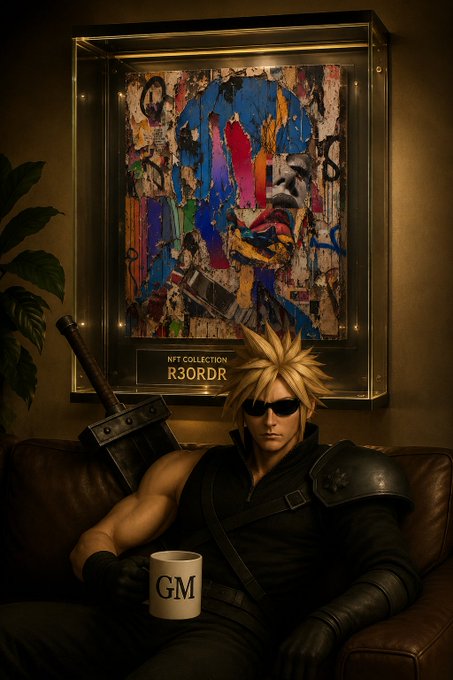 An AI-generated image depicts Cloud from Final Fantasy VII sitting on a leather sofa with his massive sword, holding a 'GM' mug, with a framed, torn poster labeled 'NFT COLLECTION R3ORDR' on the wall behind him.