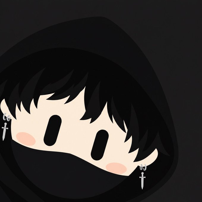 A digital illustration of a cartoon face wearing a black hooded cloak and cross earrings against a dark background.