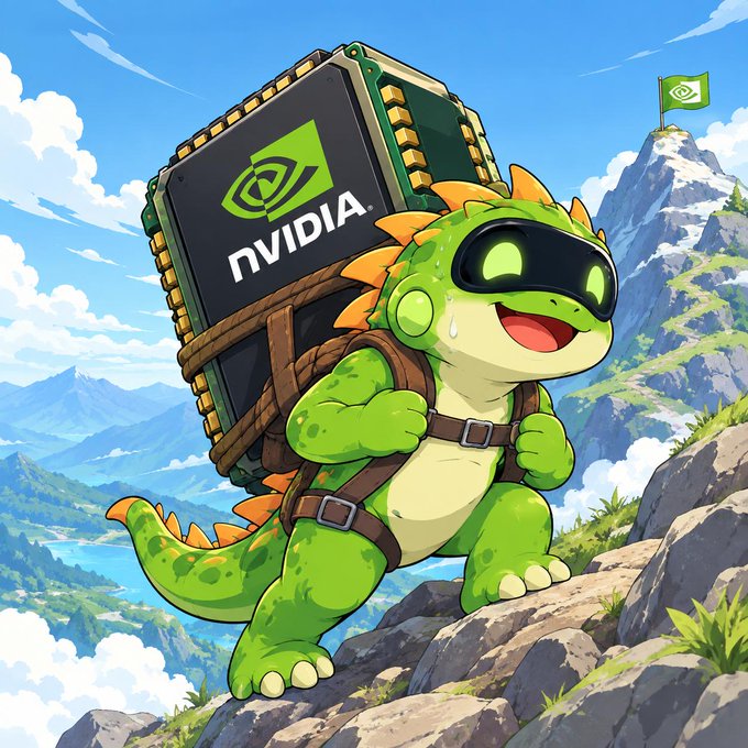 Illustration of a green cartoon dinosaur wearing goggles and carrying a large NVIDIA graphics card as a backpack while climbing a rocky mountain landscape with an NVIDIA flag on the peak.
