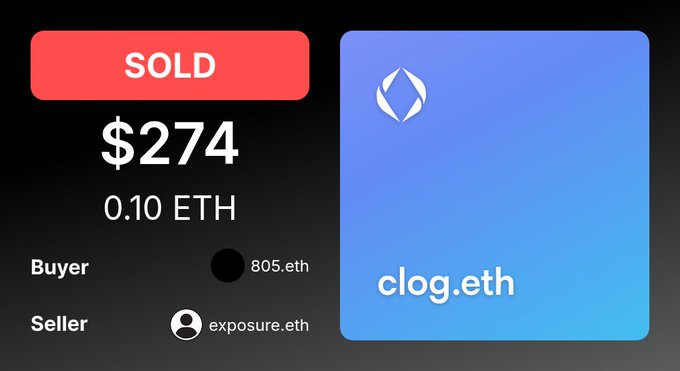 A transaction record showing 'SOLD $274 (0.10 ETH)' for the ENS name 'clog.eth', with buyer 805.eth and seller exposure.eth.
