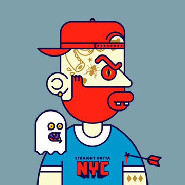 A cartoon illustration of a red-skinned man with a beard, wearing a backwards red cap and a blue shirt reading "STRAIGHT OUTTA NYC," accompanied by a small white ghost character.