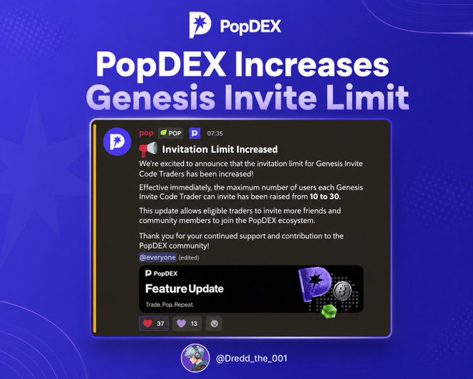 PopDEX announcement graphic titled 'PopDEX Increases Genesis Invite Limit,' announcing the invitation limit for Genesis Invite Code Traders has been raised from 10 to 30.