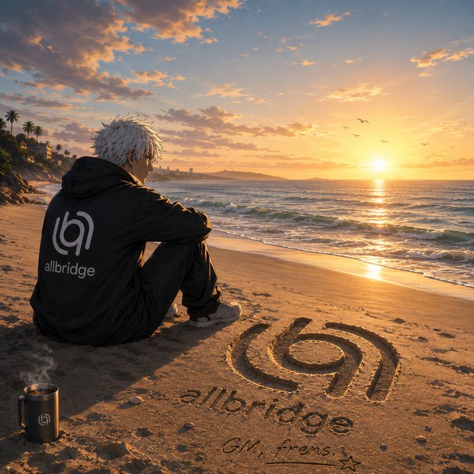 An anime-style figure with white hair sits on a beach at sunset, wearing a black hoodie with the 'allbridge' logo, while the same logo is drawn in the sand alongside a steaming mug bearing the branding.