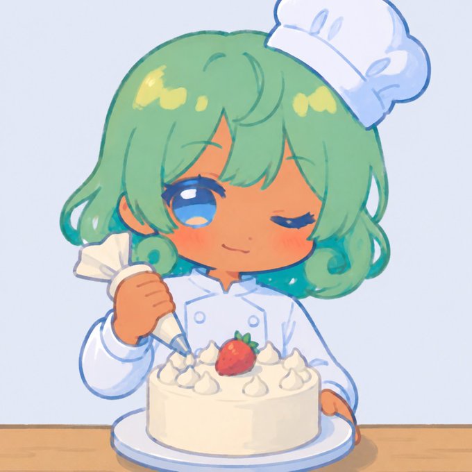 An anime-style illustration of a character with green hair, a tan complexion, and a chef's hat, smiling while decorating a white cake topped with whipped cream and a strawberry.