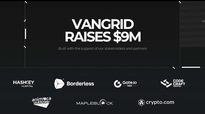 A promotional graphic with a black background announcing 'VANGRID RAISES $9M' in white text, with the subtitle 'Built with the support of our stakeholders and partners' and partner logos including HashKey Capital, Borderless, Gate.io, Code Craft Capital, Animoca Brands, Mapleblock, and Crypto.com displayed at the bottom.