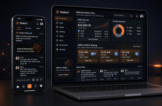 A sleek mockup displays the StellarX interface on both a smartphone and laptop, featuring a dashboard overview with a $24,560.78 portfolio allocation across USDC (50.7%), SSLX (35.6%), and XLM (13.7%), alongside prominent "USDC & SSLX Staking" panels offering 9.5% APR (90 days), 14.5% APR (180 days), and 19% APR (360 days). The social feed and built-in wallet integrations shown on screen visually reinforce how StellarX blends community interaction with on-chain yield opportunities described in the caption.