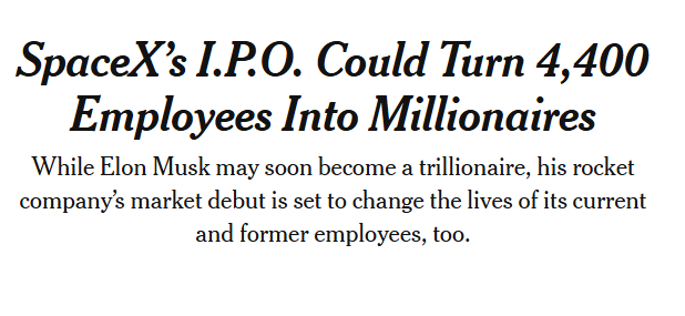 The image features a white background with black text. The title of the image reads "SpaceX's I.P., could turn 4,400 employees into millionaires". Below this title, there are two lines of black text that read "While Elon Musk may soon become aillionaire, his rocket company's market debut is set to change the lives of its current and former employees, too." The image also includes an image of a rocket with the caption "There are 4,400 former and current SpaceX employees that are new millionaires today that LOVE $DOGE".