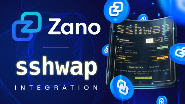 The image features a blue background with white text that reads "sshwap Integration". Below this, there are three blue circles floating around each other, with one circle containing the word "ZANO" and two others containing the words "sshwap" and "integration". The text "You can now swap $ZANO on sshwap!" is also present in the image.