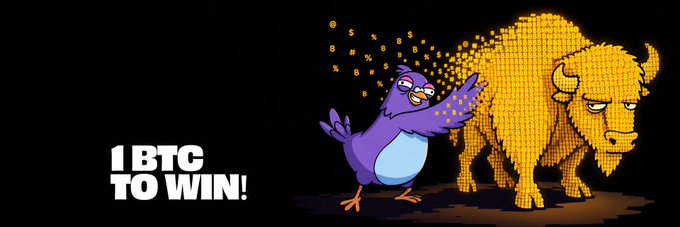 A promotional banner with a black background shows a cartoon purple bird hugging a bull made of gold coins, with the text '1 BTC TO WIN!' displayed on the left.