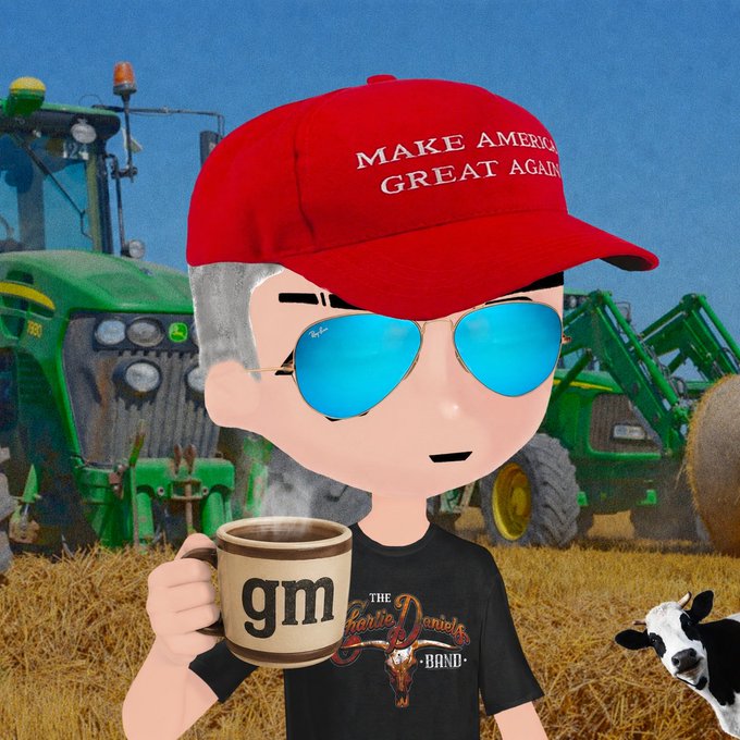 The image features a cartoon character wearing sunglasses, a red hat, and holding a coffee cup with "gm" written on it. The character appears to be enjoying his coffee while standing next to a tractor or other farm equipment. In the background, there is a cow visible in the scene. The post reads: "gm if you good morning CT Happy Saturday $CULT".