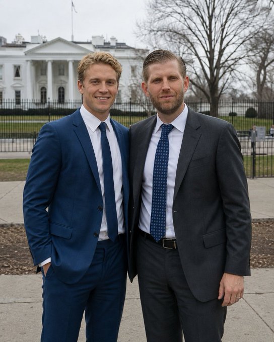Two men in suits pose for a photo in front of the White House, with the post suggesting their political connections may be behind the promotion of the $WLFI meme coin.